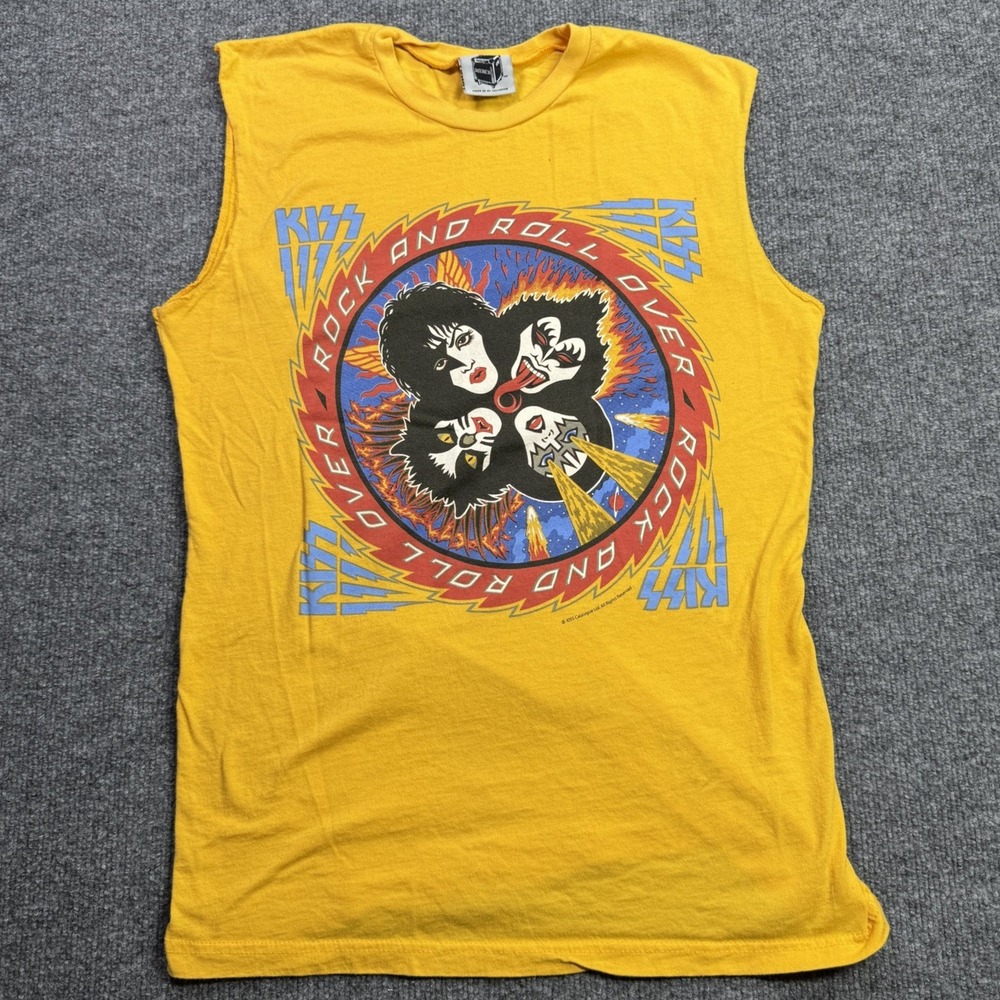 KISS Rock And Roll Over Merch Tank Top Mens Small Yellow Band Tee‎ Retro